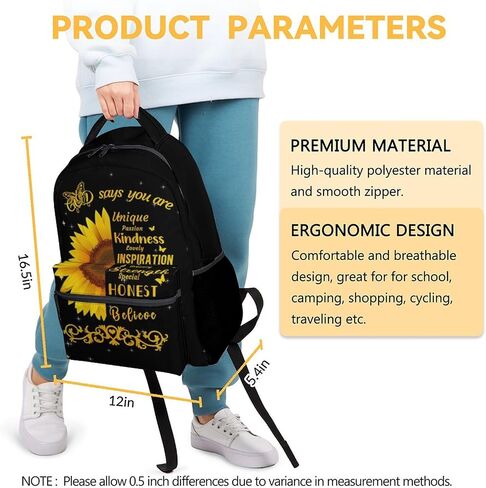 Kids School Backpack for Boys Girls, 16" Black Backpacks for School, Aesthetic Sunflower Pattern Large Capacity Bookbag for Preschool School in Saudi Arabia