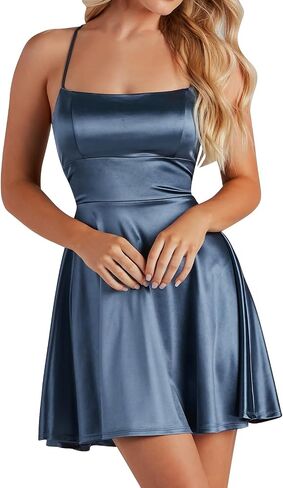 ODIZLI Women's Satin Square Neck Spaghetti Straps Tie Back Ruffle Mini Dress Party Dress in Saudi Arabia