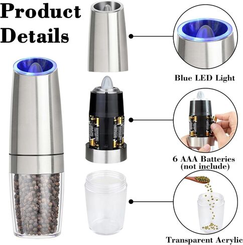 Gravity Electric Salt and Pepper Grinder, Automatic Pepper Grinder, Battery Powered LED Light with Adjustable Thickness-Black in Saudi Arabia