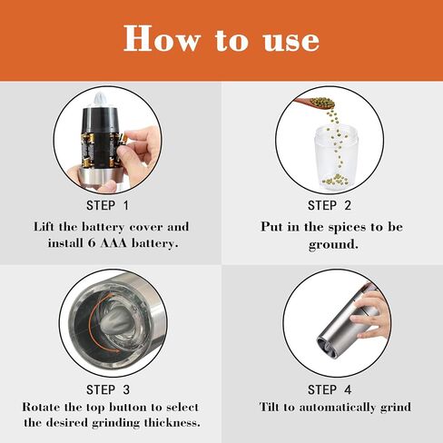Gravity Electric Salt and Pepper Grinder, Automatic Pepper Grinder, Battery Powered LED Light with Adjustable Thickness-Black in Saudi Arabia