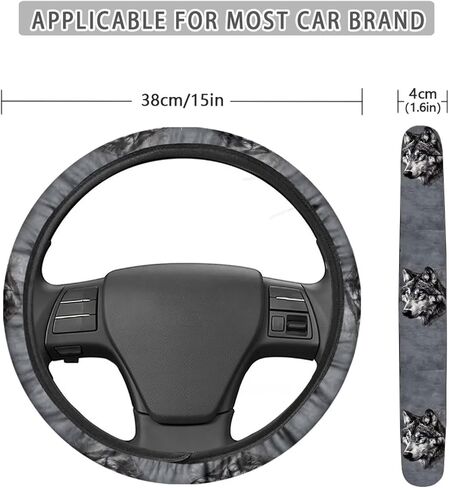 Gray Wolf Print Car Sheering Wheel Cover,15 Inch Non-Slip Auto Sheering Wrap Accessory Breathable Interior Decoration,Univeral Fit in Saudi Arabia