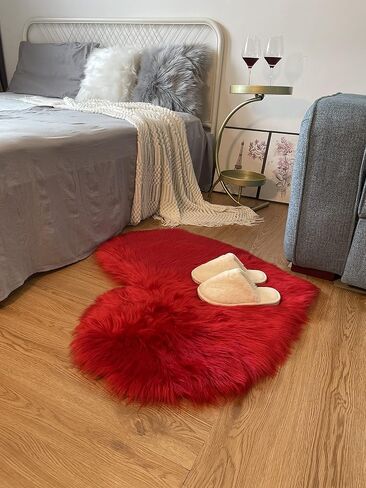 Thick Soft Fluffy Heart Shaped Rug, Faux Sheepskin Fur Rug, 2.3X3 Feet Shaggy Area Rugs for Bedroom, Living Room, Sofa, Floor Mat (Barn Red) in Saudi Arabia