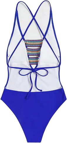 Women's Sexy V Neck One Piece Swimsuit Crisscross Back Bathing Suit Tie Knot Swimwear in Saudi Arabia