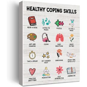 Mental Health Wall Art Therapy Office Decor Self Care Framed Canvas Print Healthy Coping Skills Painting Picture Wall & Tabletop Decoration 12"x15"
