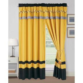 Chezmoi Collection Arden 4-Piece Modern Navy/Gray/Yellow Zigzag Stripe Embroidery Window Curtain Panel Set with Sheer Backing Valance Tassels, 120 inch x 84 inch