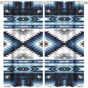 Aztec Blackout Windows Curtains, Vintage Native Western Ethnic Tribal Navajo Blue Abstract Geometric Brown Pattern, for Living Room Bedroom 42x45in 2 Panels