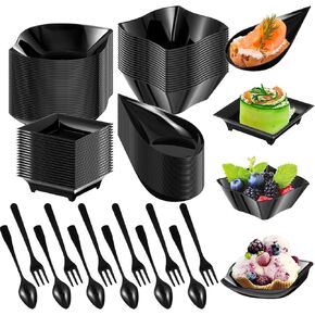 Tessco 200 Pcs Mini Appetizer Plates with Spoons Forks Clear Disposable Mini Dessert Plates Mini Plastic Square Appetizer Bowls Tiny Individual Serving Trays for Party(Black,Classic) in Kuwait
