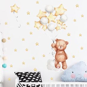 Cute Bear with Balloons and Stars Nursery Decor Cute Bear Wall Decals Vinyl Wall Stickers for Kids Boys Girls Bedroom Daycare Classroom Playroom and Kids Room Wall Decor