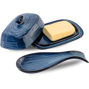 طبق زبدة هاسينس مع غطاء ومسند ملعقة سيراميك للمنضدة، قطعتين من إكسسوارات أواني الطعام الزجاجية التفاعلية البحرية مثالية لديكور المنزل، هدية الترحيب بالمنزل الجديد in Kuwait