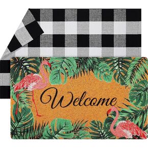 Geelin 2 Pcs Flamingo Welcome Mat Flamingo Home Doormat Non Slip Black and White Buffalo Checkered Outdoor Rug Tropical Decor Imitation Coir Front Door Mat for Indoor Outdoor Entrance