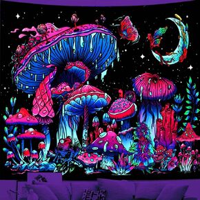 Algasan Blacklight الفطر نسيج نسيج الضوء الأسود يتوهج في الظلام الأشعة فوق البنفسجية نبات رد الفعل فراشة القمر نجوم الضفدع المفروشات الجدار شنقا لغرفة النوم النوم خلفية ديكور (60 بوصة × 50 بوصة) in Kuwait