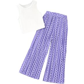 Hilinker Girls Ribbed Tank Top and Pleated Wide Leg Pants Set Summer 2 Piece Outfits