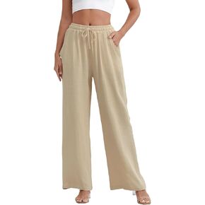 Women’s Linen Summer Palazzo Pants Flowy Wide Leg Beach Casual Pants Loose Trousers with Pockets