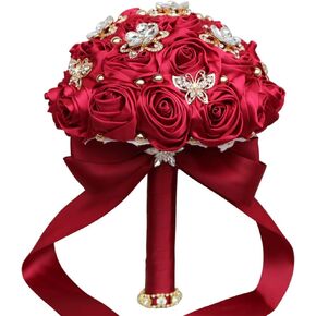 7.1" Handmade Satin Rose Bridal Bouquet Toss Round Wedding Bouquet Throw Toss Artificial Flower Bunch Dark Green