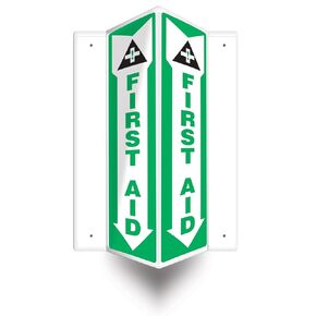 Accuform PSP368 Projection Sign 3D, First AID (Arrow)", 18" x 4" Panel, 0.10" Thick High-Impact Plastic, Pre-Drilled Mounting Holes, Green/Black on White