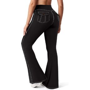SEASUM Cargo Yoga Flare Leggings for Women with Flap Pockets Workout Contrast Stitching Bootcut Yoga Pants Imitation Jeans