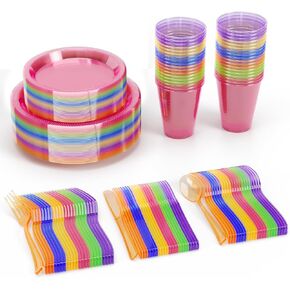 360 PCS Neon Party Combo Pack INCLUDES: 60 9" Neon Plates | 60 7" Plastic Glow Party Plates | 60 12oz Neon Cups | 60 Glow Plastic Cutlery Spoons Forks & Knives | Blacklight Party | Disposable