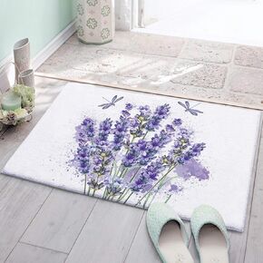 Plush Rug Non Slip Bath Mat, Purple Lavender Flowers Ink Painting, Soft Shaggy Long Fur Fuzzy Bath Rugs 18 x 30 Inch, Carpet Mat for Bathroom Shower Home Floral Dragonfly