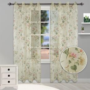 Fresh Flower Leaves Curtain 2 Panels Semi Sheer Voile Floral Drapes Linen Textured Bedroom Curtain Grommet Top, 52" W x 63" L