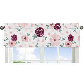 Sweet Jojo Designs Burgundy and Pink Watercolor Floral Window Treatment Valance - Blush, Maroon, Wine, Rose, Green and White Shabby Chic Flower Farmhouse