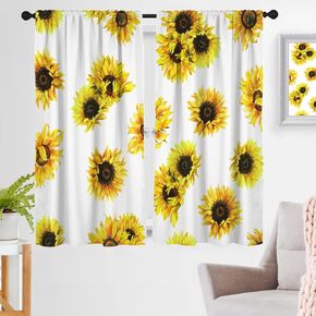 ستارة نافذة عباد الشمس باللون الأصفر والأبيض زهرة الأزهار أسود رمادي رمادي الخردل الصيف خمر ريفي البلد الرجعية 42 "ث × 63" ل الستائر لغرفة النوم غرفة المعيشة 2 لوحات قضيب جيب الستائر in Kuwait