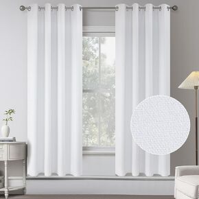 Pure White 100% Blackout Textured Linen Curtain Draperies for Bedroom - Summer Energy Saving Thermal Insulated Anti-Rust Grommet Top Window Curtains for Living Room (2 Panels,W 52 x L 63 Inch Length)