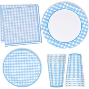 96 Pcs Light Blue and White Gingham Party Supplies Paper Plate Cup Napkin for Checkered Plaid Picnic Barbecue Birthday Disposable Dinnerware Serves 24