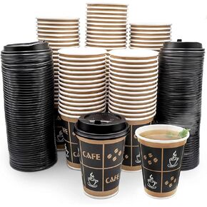 [12 oz - 100 Sets with Lids] PREMIUM Paper Hot Coffee Cups with Resealable Lids - Leak Free To Go Disposable Hot Beverage Drinks