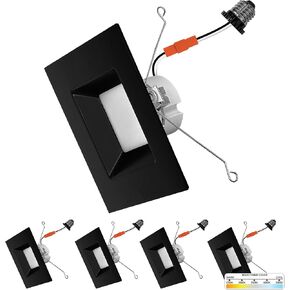 NUWATT 4 Pack, Black 6 Inch Square LED Can Lights, CCT 2700K/3000K/3500K/4000K/5000K Selectable, 1100 Lumen, 14W, Dimmable, 6in Square Retrofit Recessed Lighting, 6" Black Square Light, ETL, Wet Rated