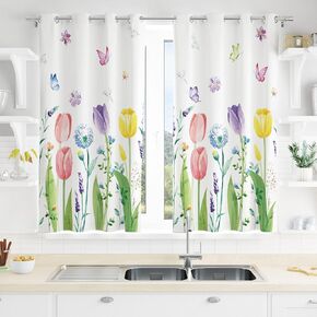 AnyDesign 2 Panels Butterfly Tulip Kitchen Curtain Colorful Flower Rod Pocket Drapes Spring Floral Window Treatments for Home Living Room Bedroom Decor, 27.5 x 39 in