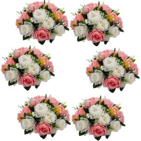LANLONG 6 PCS Fake Flower Ball Arrangement Bouquet, 15 Heads Plastic Roses with Base, Artificial Flower for Wedding Bouquets Centerpieces Party Valentine's Day Home Decor