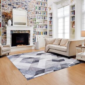 Machine Washable Rug - Geometric Abstract Area Rug - Neutral Gray Rug for Living Room, Bedroom, Entryway - Grey and Ivory White - 5x8