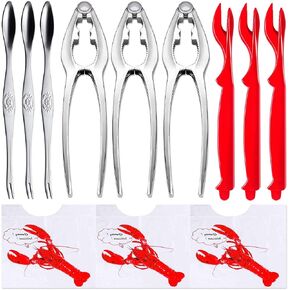12 Pcs Professional Crab Leg Crackers and Tools - includes 3 Crab Crackers, 3 Lobster Shellers, 3 Crab Leg Forks/Picks, 3 Disposable Lobster Bibs and Storage Bag, Dishwasher Safe