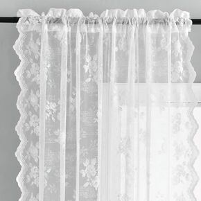Lace Curtains 63 Inch Length - Contemporary Striped Dots Rose Floral Lace Curtains for Girls Room, Scalloped Trim Ivory Lace Window Curtain Panels/Drapes, 52 x 63 Inch, 2 Panels, Ivory/Cream