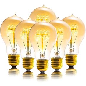 Edison Bulbs, A19 Bulbs 6 Pack, Dimmable 120V 40W Vintage Amber Glass, 240 Lumens E26 Base, Retro StyleIncandescent Bulbs, 2200K Warm Yellow Light, for Home Office Desk Lamp Stand