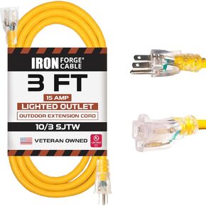 IRON FORGE CABLE سلك تمديد خارجي 50 قدمًا - سلك تمديد 10 قياس 15 أمبير، 10/3 كابل تمديد شديد التحمل SJTW سلك تمديد طاقة أصفر مقاوم للطقس مع نهاية مضاءة 3 شقوق - 125 فولت 1875 وات