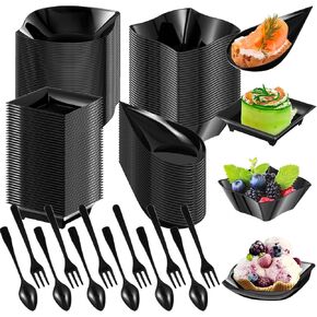 Tessco 400 Pcs Mini Plastic Dessert Plates Set, including 200 Pcs Disposable Appetizer Plates Assorted Shape 100 Pcs Mini Plastic Forks 100 Pcs Plastic Spoons for Party Birthday (Black)