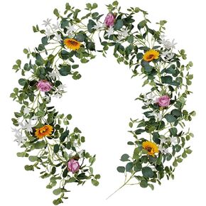 Eucalyptus Garland with Flowers - Purple Roses Sunflowers - Lush, Natural Looking Rose and Flower Garland Decor, Floral Garland