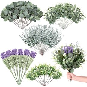 84 Pcs Artificial Eucalyptus Stems and Lavender, Bulk Fake Silver Dollar Eucalyptus Leaves Stems Eucalyptus Bundle Faux Spray for Bouquets Floral Arrangement Wedding Home Decor 5 Kinds Mixed
