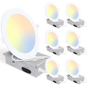 Energetic 6 Pack 6 Inch 5CCT Ultra-Thin LED Recessed Ceiling Light with Junction Box, 2700K/3000K/4000K/5000K/6500K Selectable, 12W 120W Eqv, 900LM, Dimmable Canless Wafer Downlight, IC Rated, ETL&FCC