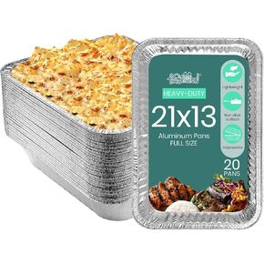 FUNSTITUTION Full Size Large Aluminum Foil Pans (20 Pack) - Full Size Large 21x13 Tin Foil Pans with High Heat Conductivity - Disposable Cookware For Baking, Grilling, Cooking, Storing, Prepping