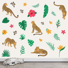 Colorful Leopard Wall Decals Tropical Leaves Flowers Wall Stickers Peel & Stick Cheetah Wall Decor Stickers for Kids Nursery Bedroom Playroom Classroom