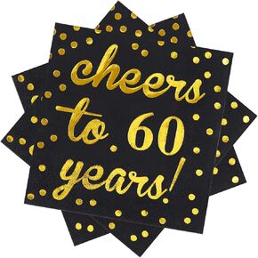 Elcoho 60 Pack Cocktail Napkins 60th Birthday Decorations Luncheon Napkins for Birthday, Anniversary Party Supplies, Cheers to 60 Years Design, 2 Layers, 5 by 5 Inches