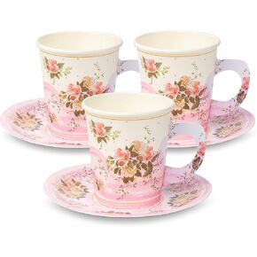 ROYAL BLUEBONNET Paper Tea Cup Set, 24 Disposable Teacups with Handles & Saucers, Floral Design for Hot & Cold Drinks, Tea Party Decorations, Tableware