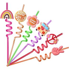 60's Hippie Boho Party Favors Two Groovy Straws Reusable Plastic Drinking Straws 8 Designs 24pcs, Boho Rainbow Birthday Party Favor Kids with 2 Cleaning Brush