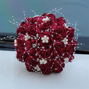 L&H Handmade Satin Rose Bridal Bouquet,Wedding Holding Toss Bouquet with Pearls and Rhinestone, 7.08''(18CM)