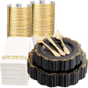PULOTE 175PCS Clear Green Plastic Plates & Gold Plastic Silverware & Clear Green Cups & Gold Napkins Service 25 Guest for Party