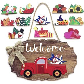 Interchangeable Seasonal Red Truck Welcome Sign for Front Door Porch Decor with 12 Holiday Icons Rustic Farmhouse Wooden Decorations Home Wall Hanging 4th of July
