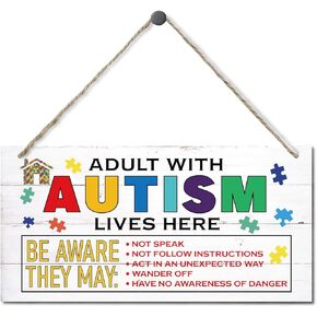 Adult With Autism Lives Here Sign, Hanging Wood Sign Home Decorative, Printed Wood Wall Art Sign, Rustic Autism Sign, Autism Door Hanging Sign, Autistic Support Decorative Plaque 12 * 6inch