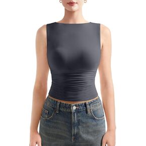 SUUKSESS Women Double Lined Going Out Basic Tank Tops Ruched Summer T Shirts